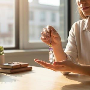 May include: A clear crystal pendant with purple and yellow beads is held up by a black cord. The crystal is suspended above an open hand. The background includes a wooden table, potted plants, and a window.