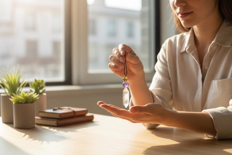 May include: A clear crystal pendant with purple and yellow beads is held up by a black cord. The crystal is suspended above an open hand. The background includes a wooden table, potted plants, and a window.