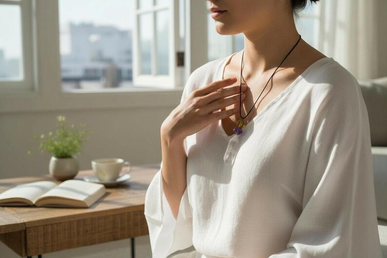 May include: A white linen top with a V-neck and long sleeves. A black cord necklace with a pendant featuring purple and yellow stones. A wooden table with an open book, a cup, and a small plant in a ceramic pot.