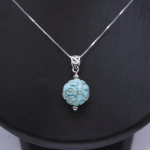Natural Large Turquoise Necklace - Sterling Silver Bail Engraved Chinese Character Double Happiness Genuine Turquoise energy Pendant 2468