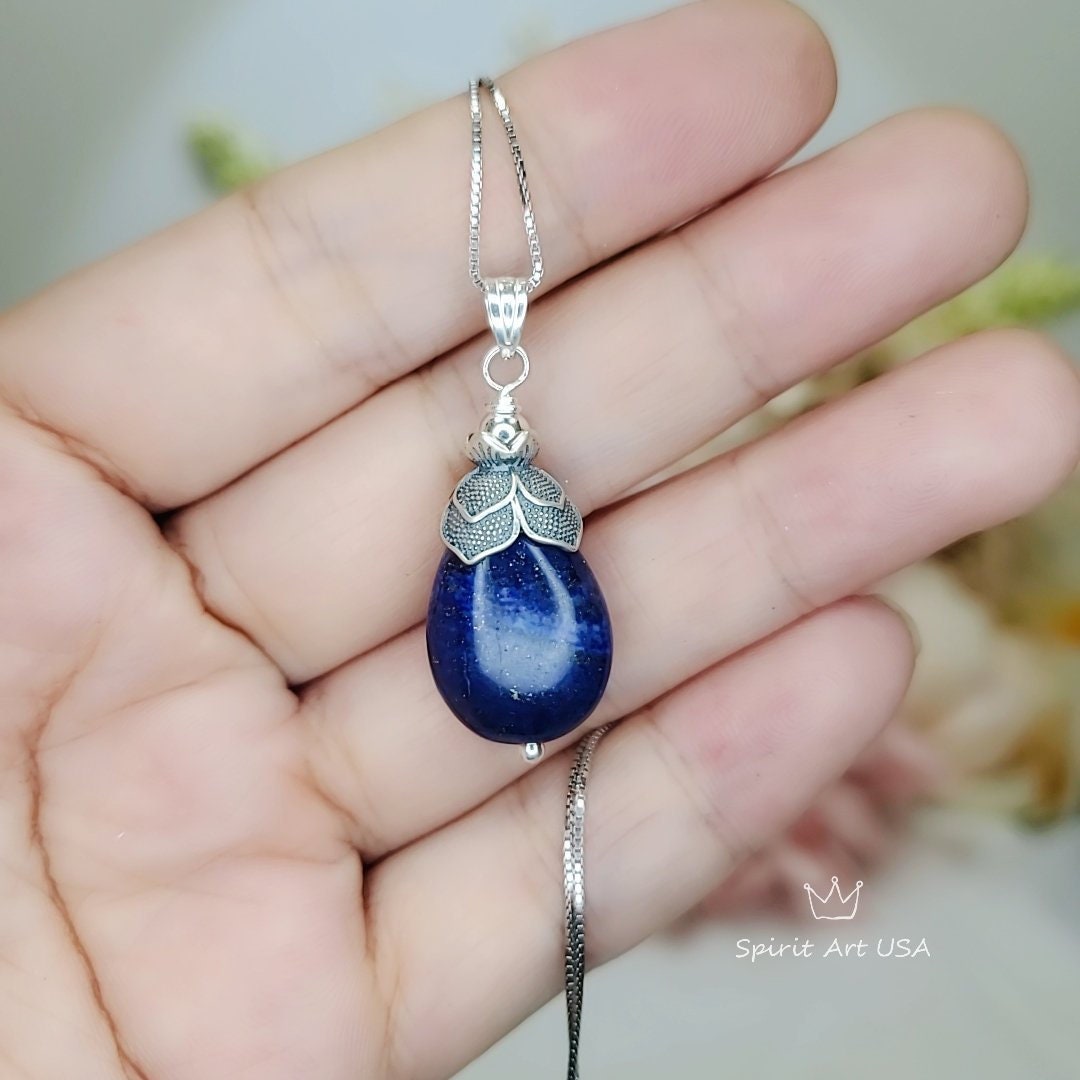 Genuine Lapis Lazuli Necklace, Teardrop Lapis Lazuli Pendant Full Sterling Silver Lotus Flower