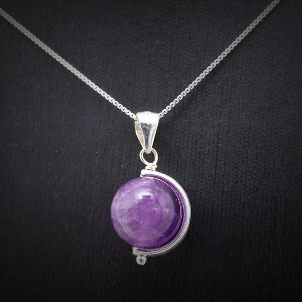 Natural Amethyst Necklace - Crescent Moon Necklace - Round Single Genuine Amethyst Pendant - Sterling Silver Crown Chakra Heal
