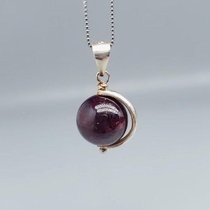 Genuine Garnet Necklace, Crescent Moon Pendant - Sterling Silver Tiny Simple January Birthstone Deep Dark Red Garnet Jewelry 2400