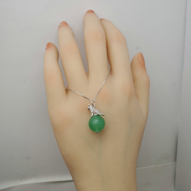 Sterling Silver Cat Jewelry Pet Love Kitty Green Gemstone Jewelry Aventurine Pendant Heart Chakra Healing
