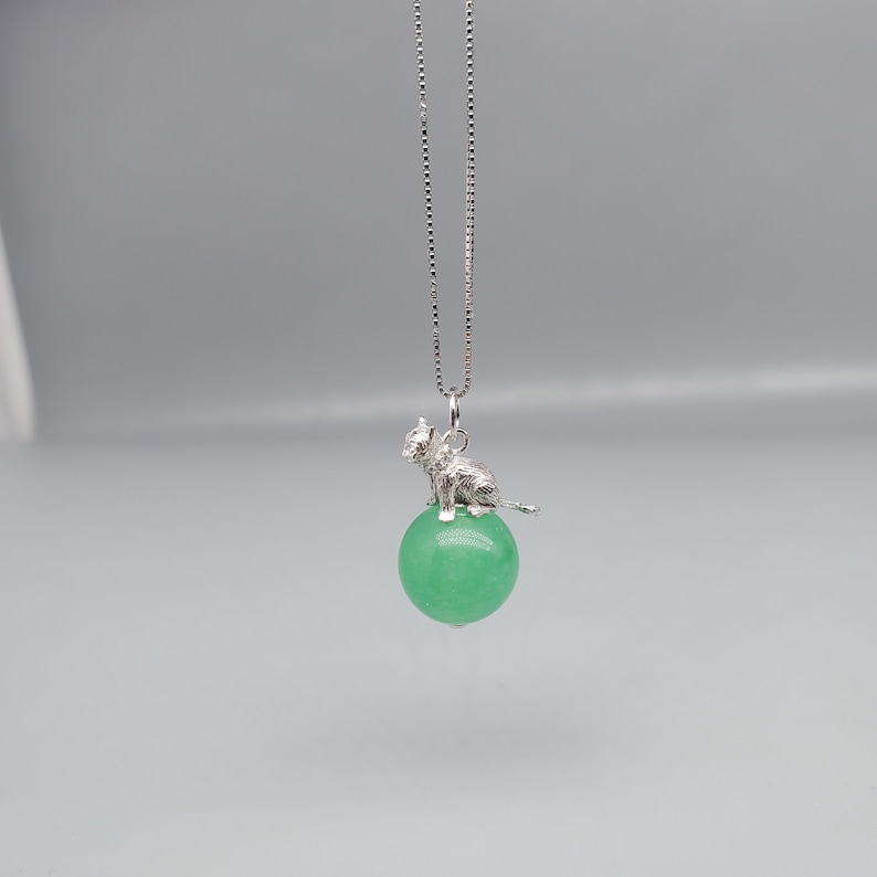 Sterling Silver Cat Jewelry Pet Love Kitty Green Gemstone Jewelry Aventurine Pendant Heart Chakra Healing