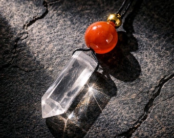 Clear Quartz Necklace, Red Agate Chunky Crystal Pendant, Healing Spiritual Jewelry, Protection Gift, adjustable leather cord