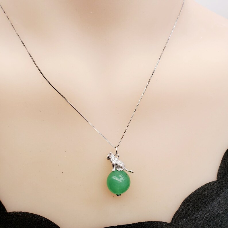 Sterling Silver Cat Jewelry Pet Love Kitty Green Gemstone Jewelry Aventurine Pendant Heart Chakra Healing