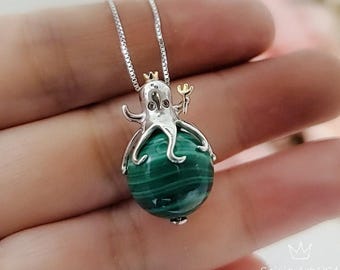 Octopus Malachite Necklace - 18KGP @ Sterling Silver - Cuttlefish Squidward tentacles - chunky stone jewelry chunky stone jewelry #2185