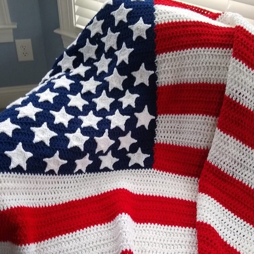 Crocheted Flag Blanket Red White and Blue Afghan Etsy