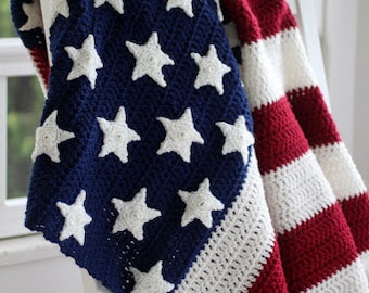 Patriotic American Flag Afghan, traditional Red, Off White & Blue for Army, Navy, Air Force, Marines
