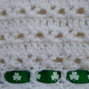 Irish Baby Blanket ,White Crocheted Afghan with Shamrocks Ribbon image 2
