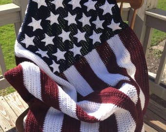 American Flag Crocheted Afghan, Burgundy, Off White & Blue for Army,Navy, Air Force, Marines