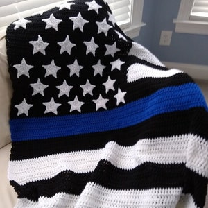 Thin Blue Line American Flag Afghan - Black, White, and Blue flag blanket - Support for Law Enforcement