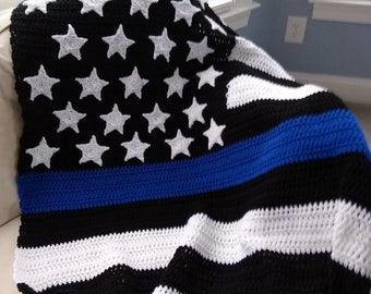 Thin Blue Line American Flag Afghan - Black, White, and Blue flag blanket - Support for Law Enforcement