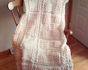 Popcorn Stitch Crocheted Afghan Blanket in Aran. Great Wedding or Bridal Shower Gift. Afghan You Will Cherish.