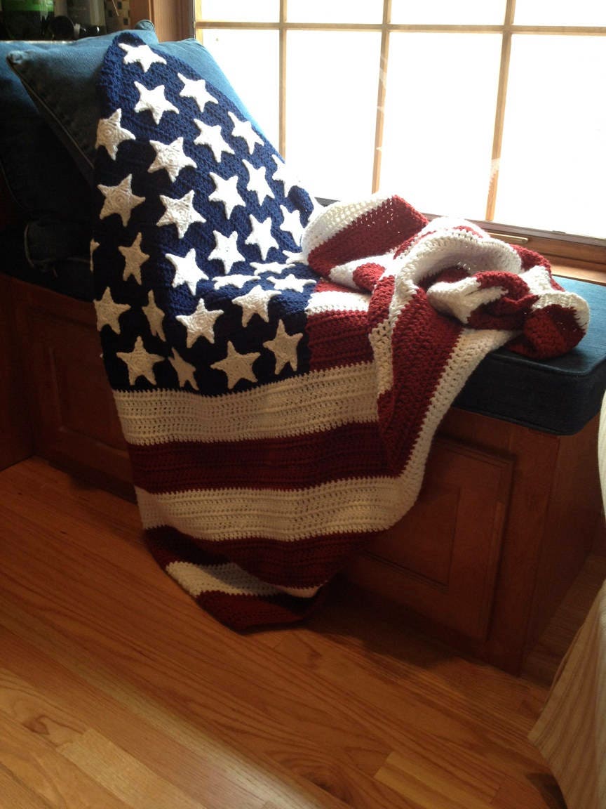 American Flag Blanket Hand Crocheted in Dark Red. Americana Blanket. Stars and Stripes Forever