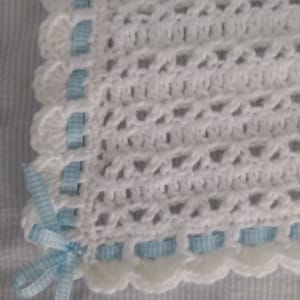 White Crocheted Baby Blanket with Blue & White Gingham Ribbon Trim. Baby Boy Soft Afghan. Great Baby Shower, Newborn, Christening Gift.