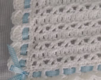 White Crocheted Baby Blanket with Blue & White Gingham Ribbon Trim. Baby Boy Soft Afghan. Great Baby Shower, Newborn, Christening Gift.