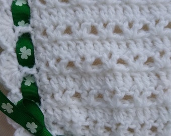Irish Baby Blanket ,White Crocheted Afghan with Shamrocks Ribbon