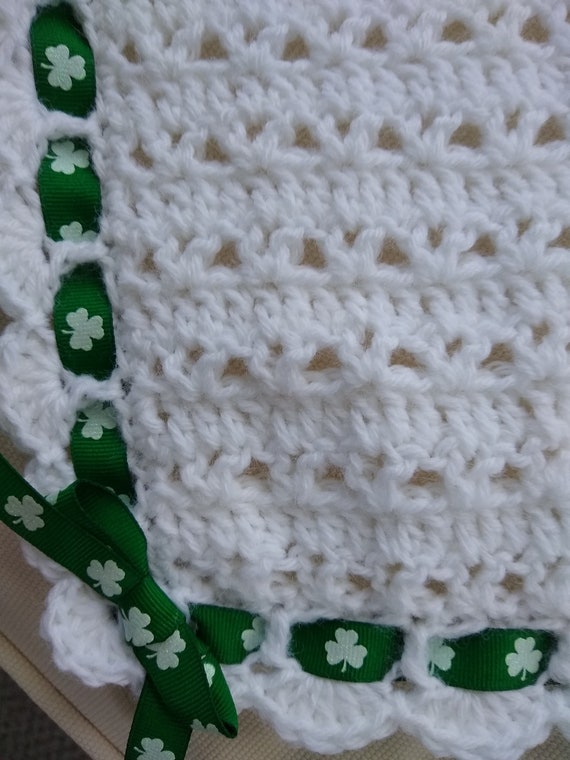 Irish Baby Blanket. White Crocheted Baby Afghan with Shamrocks Etsy