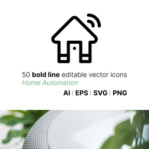 Może przedstawiać: Czarno-biała ikona liniowa domu z sygnałem Wi-Fi nad nim. Ikona reprezentuje automatykę domową.