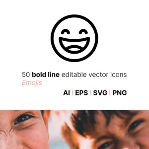 Puede incluir: Un icono emoji en blanco y negro con una sonrisa amplia y abierta. La imagen incluye el texto "50 iconos vectoriales editables de línea en negrita Emojis" y opciones de tipo de archivo: AI, EPS, SVG y PNG.