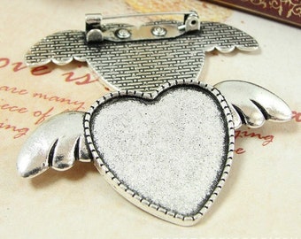 Wholesale 20pcs Handmade Love Angel Wing Brooch/Pin/Breast Pin Pendant Trays  -25mm Heart Bezel Cabochon Settings - Pendant Tray Blanks