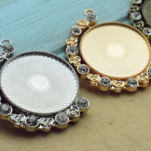 En gros 10pcs Rotate / Spin Pendent plateaux - 30mm Double Side Round Pendentif Blanks - Strass Bezel Cabochon Settings - Pendentif Tray Blanks