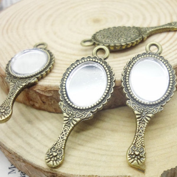 Wholesale-30pcs Antique Silver tone/Antique Bronze Traditional Chinese Handheld Mirror Charms 34x14mm