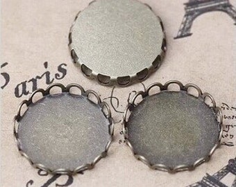 Venta por mayor 100pcs antiguo bronce encaje frontera redondo Base ajuste bandeja colgante encanto/búsqueda, ajuste 12mm Cabochon / fotografía/camafeo