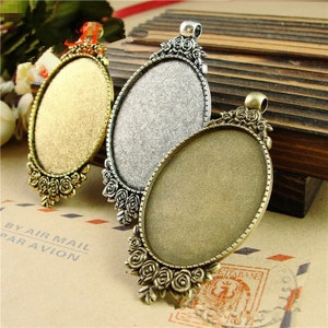 Wholesale 20pcs Antique Silver/Bronze/Antique Golden Rose Pendant Charm/Finding,Base Setting Tray Bezel,Fit 30mmx40mm Cabochon/Picture/Cameo