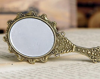 Wholesale-20pcs Antique Bronze Traditional Chinese Handheld Mirror Charms 70x32mm