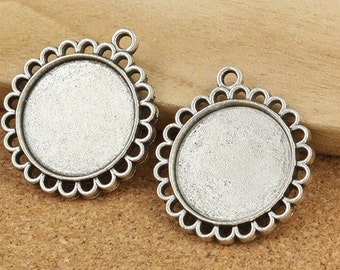 Wholesale 60pcs Antique Silver tone/Antique Bronze Flower Border Base Setting Tray Bezel Pendant Charm/Finding,fit 20mm Cabochon/Cameo