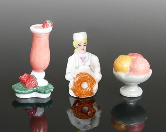 Vintage Miniature Figurine French Feve, Strawberry Smoothie, Baker Chef, Ice Cream Scoop, 1" Porcelain Dollhouse Décor, Cake Topper Charm