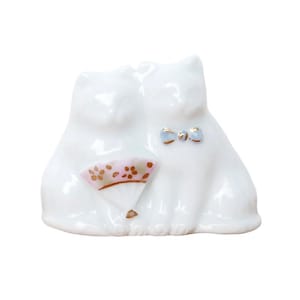French Feve Miniature, Cat Couple Figurine, Hand Painted Porcelain Figure, Artisan Signed Misaki Takeuchi, 1&quot; Cake Topper, Lucky Charm