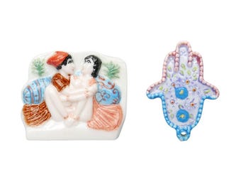 Vintage Miniature Artisan Figurine French Feve, Indian Couple, Fatma Hand, Hamsa, Khamsa, India, Lucky Charm, Dollhouse Décor, Cake Topper