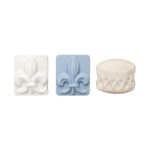 Antique Miniature Figurine French Feve, Set of 3, Royal Fleur de Lys, Drum, 1&quot; Bisque Lucky Charm, Porcelain Cake Topper Decoration