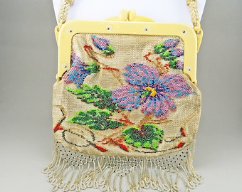 Vintage Beaded Purse Floral Purse Vintage Handbag Vintage Accessories Celluloid Frame Antiques Collectibles