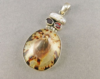 Vintage Sterling Pendant With Mother Of Pearl And Garnets Statement Jewelry