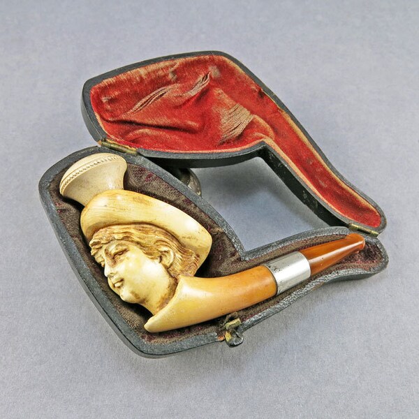Antik geschnitzt Meerscham Rohr mit gelben Amber und Sterling Band Rauchen Collectibles Victorian Antiquitäten Sammlerstücke
