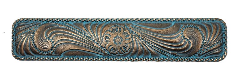 Tirador de cajón estilo americana Paisley: acabado en cobre con pátina, decoración rústica del oeste. imagen 1