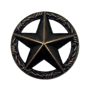 May include: Bronze-colored star-shaped button with a five-pointed star in the center, surrounded by a circular design resembling twisted wire. The button has a rustic, antique appearance, suitable for various craft projects.