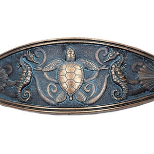 Nautical Drawer Pull Seahorse Turtle Seashell Design Coastal Ocean Beach Decor Copper Patina Finish