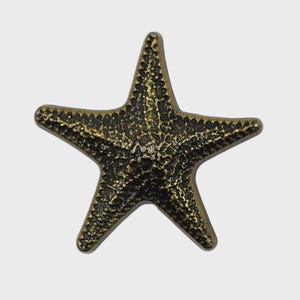 May include: A five-pointed starfish-shaped object with a textured, dark metallic finish. The surface features a mottled appearance with deep bronze and black tones, highlighting the raised bumps and ridges characteristic of a natural starfish form.