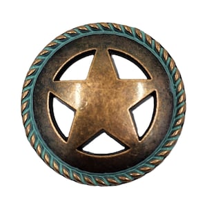 May include: A round, copper-colored metal button with a five-pointed star cut-out in the center. The button has a turquoise rope-like border.