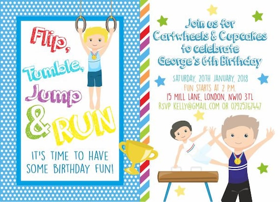 10 x Personalised Gymnastics Birthday Party Invitations or Thank you cards