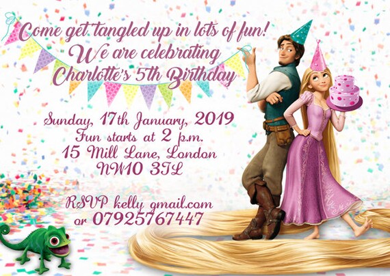 downloadable personalised customised birthday invitations or thank you cards rapunzel tangled printable digital customised birthday invitations