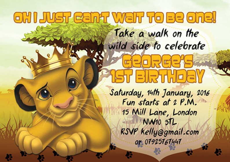 DownloadablePrintable Personalised The Lion King children Birthday Party Invitation