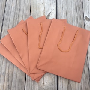 May include: Five orange paper gift bags with orange rope handles. The bags are stacked on top of each other on a wooden surface.