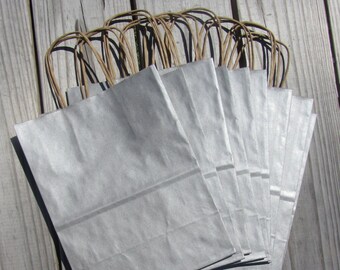 20 Pack- Silver Kraft Shopping Bag 8x4x10/Wedding Welcome Bags/Silver Bridal Shower Bags